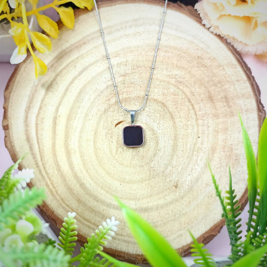 BLACK STONE SQUARE PENDANT NECKLACE-SILVER