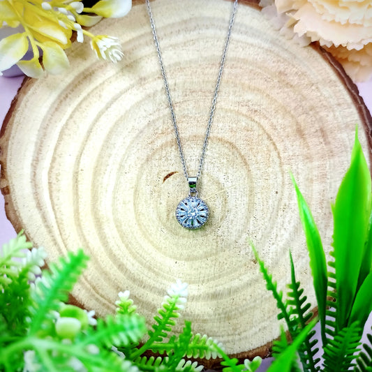 BRIGHT STONE ROUND REVOLVING PENDANT NECKLACE-SILVER